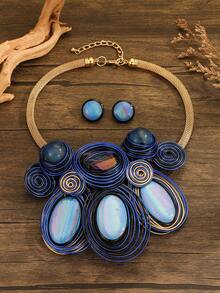 Exaggerated Multi-Layer Handmade Heavy Aluminum Wire Woven Resin Chain Bohemian European And American Middle Eastern European Korean Version Evening Party Holiday Women's Fashion Beautiful Retro Teardrop Necklace Earrings - Royal Blue - View 4