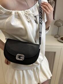 New Fashionable Luxury Versatile Rhinestone Magnetic Clasp Women PU Shoulder Crossbody Bag - Black - View 6