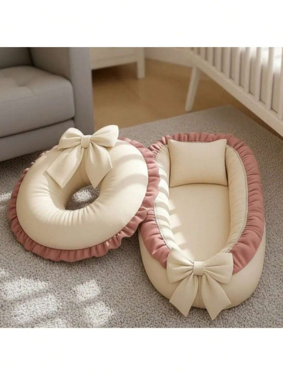 Baby Nest Reducer Kit + Nursing Pillow 100% Cotton Straw Ruffle With Rose Gold - Multicolor - View 1