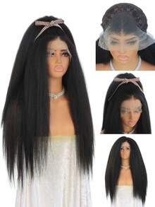 Kinky Straight Wigs Long Black Yaki Straight Wigs For Black Women Lace Front Wigs 13x4 Free Part Afo Kinky Straight Wig Pre Plucked Hairline Heat Resistant Fiber 24 Inch - Black Brown - View 2