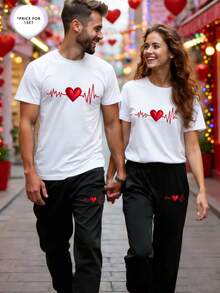2pcs Men Casual Street Style Heart Print T-Shirt And Sweatpants Set, Spring/Summer - Multicolor - View 2