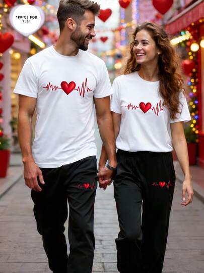 2pcs Men Casual Street Style Heart Print T-Shirt And Sweatpants Set, Spring/Summer