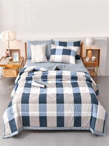 1件亲肤格子+花卉绗缝宽边夏季被，柔软细腻，吸湿透气，简约时尚空调被