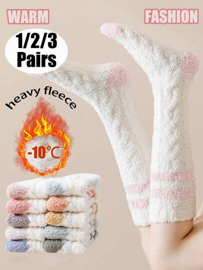 1 Pair/2 Pairs/3 Pairs Autumn/Winter Thick Warm Striped Contrast Color Cashmere Blend Knee-High Socks, Suitable For Home & Daily Wear