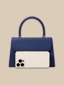 1件装时尚纯色荔枝纹PU翻盖手提包，魅力优雅女士商务包，适合女性日常使用，可作手拿包/手提包/单肩包/斜挎包，适用于婚礼/派对/舞会/宴会等场合。 - 藏蓝色 - 查看 4