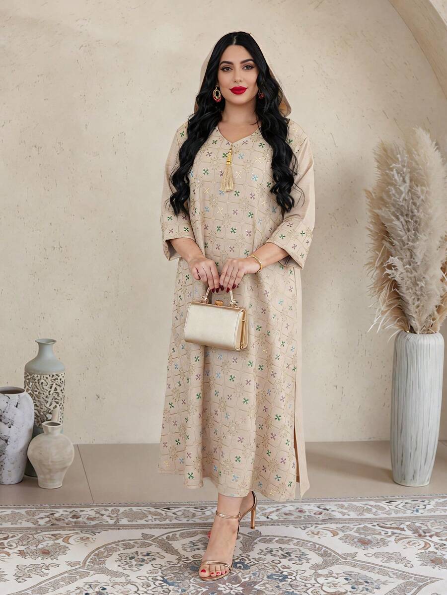 2026 New Style Ramadan Traditional Elegant Embroidered Colorful Arabic Women's Dress With Gold Tassel Hooded Collar, Fashionable And Graceful Lady Style