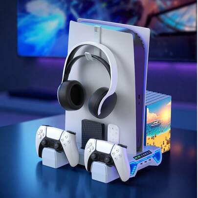 All-In-One RGB Cooling Stand For PlayStation5 Pro/Slim/Disc/Digital Edition - Multifunctional Vertical Stand With Dual Controller Charger, 3-Speed Cooling Fan, 11 Game Card Slots, And Headphone Holder - White Gaming Desk Organizer & Accessory Set, Perfect Gift For Gamers