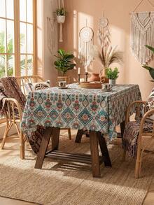 1pc Bohemian Style Line & Diamond Print Edged Tablecloth, Decorative Cover For Dining Table, TV Stand, Holiday Decor