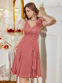 MIUSOL V-Neck Sequin Floral Lace Contrast Color Chiffon Sleeveless Ruffle Hem Cocktail Party Swing Dress, A-Line Skirt - Dusty Pink - View 6