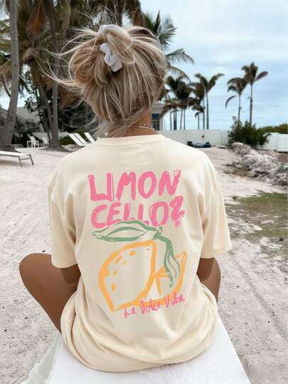 Women's Lemon Print Round Neck Short Sleeve T-Shirt, Casual Vacation Style Top, Fashionable Summer Everyday Casual Outfit