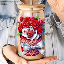 12PCS Valentine's Day Ice Cream Cake Themed UV Dtf Transfer Stickers, Waterproof Plastic Decals, Heart Rose Pattern Art Stickers For 16oz Glass, High-Quality DIY Crafts Pack For Tumblers & Drinkware - Multicolor - View 9