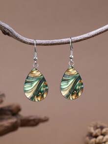 1 Pair Vintage Minimalist 316 Stainless Steel Teardrop Earrings With Sand Pattern, Elegant Jewelry Earrings Suitable For Women's Daily Wear And Gifts - Silver - View 5