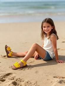 1 Pair Children's 3D Flower PU Leather Lightweight Open-Toe Flat Sandals, Cute Style Suitable For Daily Outings Or Kindergarten Wear - Yellow - View 5