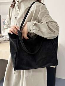 1 件纯色复古简约时尚手提包，大容量腋下多功能通勤包 - 黑色 - 查看 6