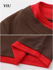 YIU Women Knitted Fabric Short Sleeve Round Neck T-Shirt With 2-In-1 Contrast Binding Design Regular Length Non-Stretch Top Spring And Summer Clothes Suitable For Daily New Arrival - Brown - View 5