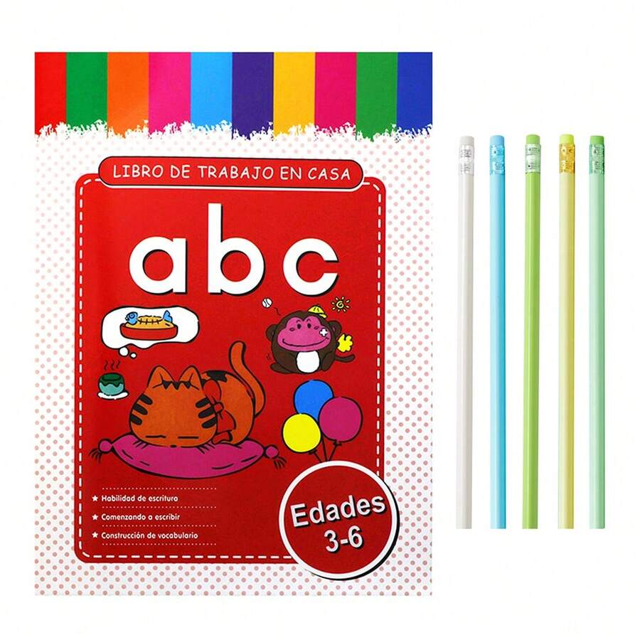 Caiet de copii în spaniolă + set de 5 creioane HB, cuvinte cu litere, învățare preșcolară cu caiet cu alfabet și imagini de vocabular, instrument educațional de învățare a limbilor străine pentru copii mici, rechizite de uz casnic/școlar.