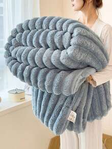 1件/3件套单人毯/披毯，含2个枕套，纯色加厚蓝灰色宽条纹仿毛皮法兰绒毯套装，多功能涤纶床罩，大条纹蓬松柔软无绒毛 - 藍灰 - 查看 20