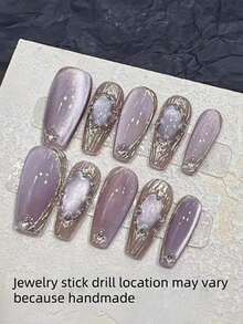 10pcs Handmade Purple Shiny Pearl Cat Eye Textured Design Pearl Mirror Nail Stickers, Trapezoidal Length, Suitable For Daily Salon, Dates, Removable Full Coverage False Nails, Ideal For Nail Art DIY Enthusiasts, Collectors, Women, Girls, Press-On Nail Stickers, Nail Art Supplies, Nail Products Handmade Press On Nails - Purple - View 1