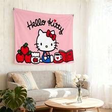 SANRIO 1件三丽鸥挂毯 | Hello Kitty 设计，柔和粉色背景，经典 Hello Kitty（红色蝴蝶结）图案，苹果、书籍和咖啡装饰，“Hello Kitty”字样，温馨甜美风格，卡通可爱粉色房间装饰，涤纶材质，时尚主题 - 彩色 - 查看 6