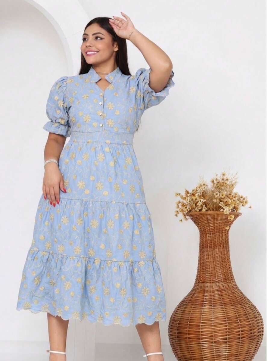 Women's Midi Dress With Embroidered Lace, All-Over Print, Embroidery, Button Detail, Ruffle Detail, Gathered Detail, Suitable For Formal And Evening Wear. - azul bicolor 3d - Ver 1