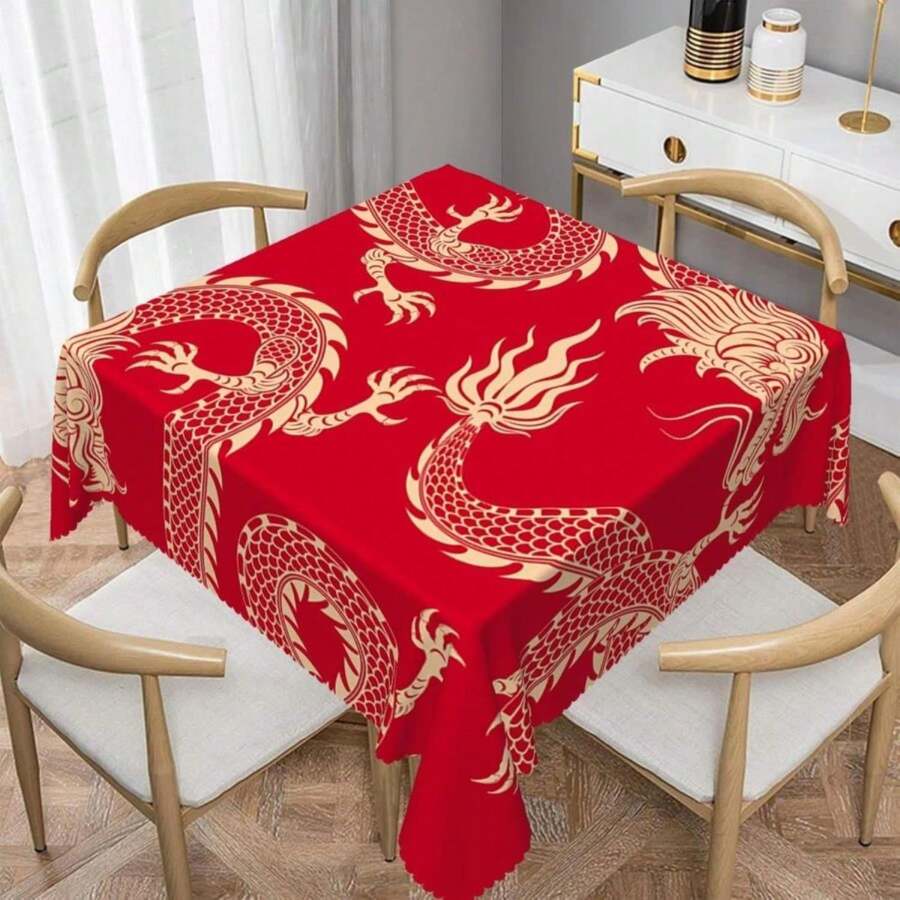 TTQYFNM 70x70inches Dragon Square Tablecloth Traditional Flying Mascot Animal Chinese Dragons Red Gold Table Cloth Waterproof Table Cover For Dining Home Kitchen Restaurant Buffet New Year Party - MàuF - Xem 1