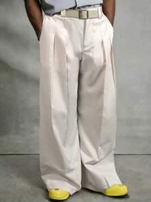 Men's Apricot Pleated Design Loose Wide Leg Pants, Streetwear Style - Apricot - View 1