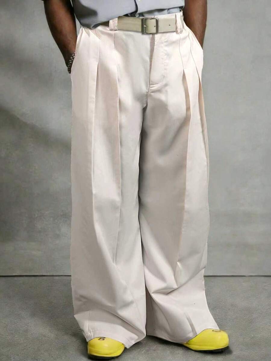 Men's Apricot Pleated Design Loose Wide Leg Pants, Streetwear Style - Apricot - View 1