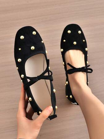 Zapatos de ballet de punta redonda con decoración de remaches de ante sintético estilo retro para mujer, para primavera/verano/otoño