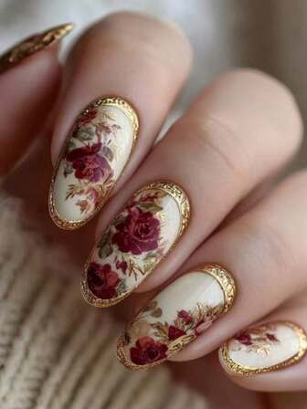 Monina 24 pezzi di unghie finte a forma di mandorla con rose vintage, design floreale in stile pittura ad olio classica con bordi gialli eleganti, accessorio essenziale per un'estetica sofisticata per donne affascinanti