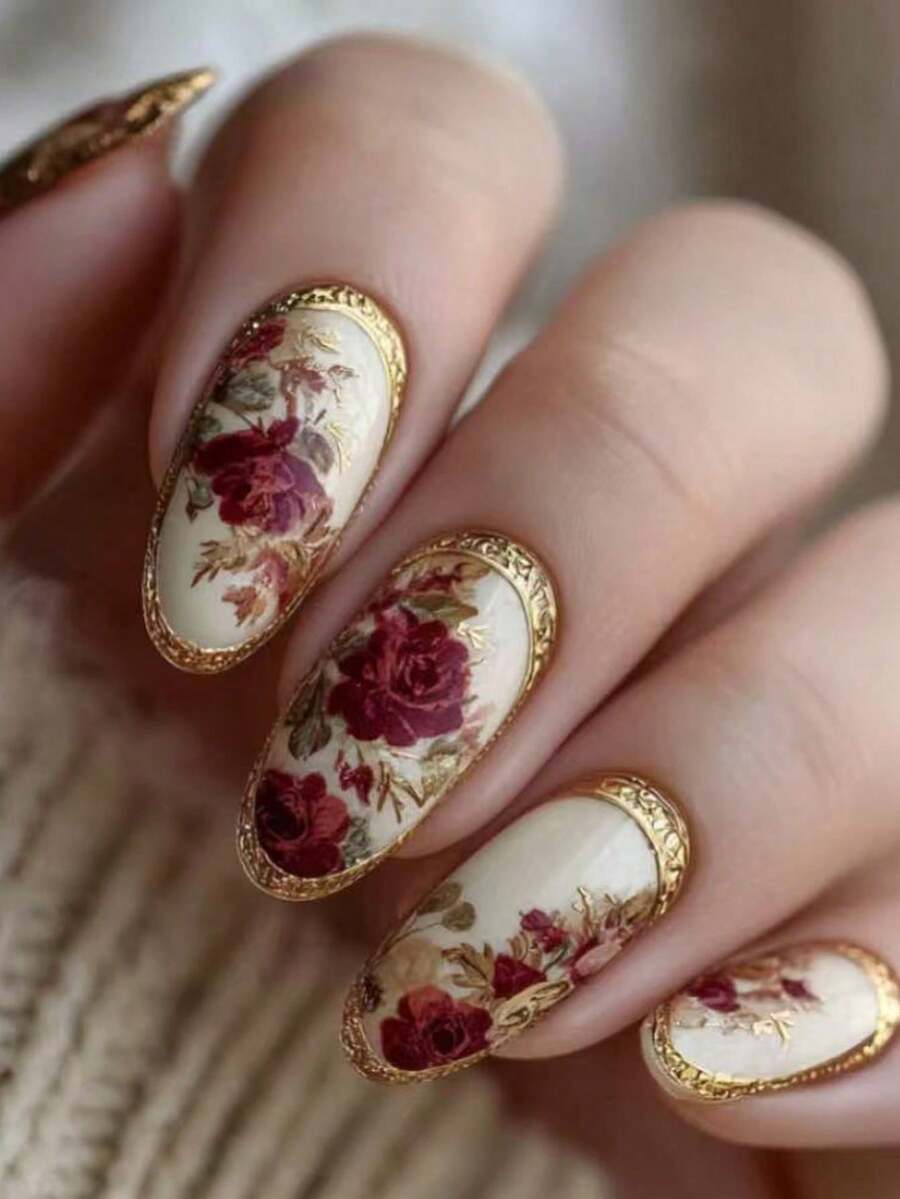 Monina 24片复古玫瑰杏仁形假指甲，古典油画风格花卉设计，搭配优雅的黄色边缘，精致美观的美甲艺术必备单品，魅力女性美甲用品