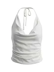 Women's White Halter Crop Top | Cowl Neck Sleeveless Ruched Top For Pool Party & Vacation - White - View 7