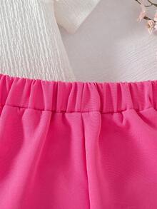 Niñas jóvenes Nuevo verano Sólido Color Cuello redondo Volantes Decoración con cuentas + Falda pantalón sólida linda con cuentas - Blanco - Ver 10