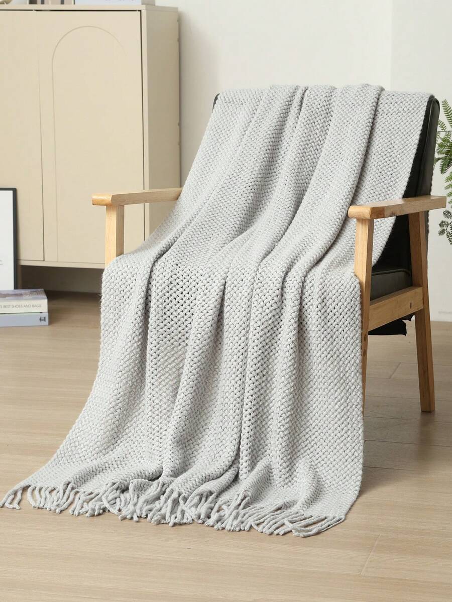 1 chiếc chăn dệt kim sọc lượn sóng, kiểu Bắc Âu, chất liệu acrylic, có tua rua rỗng, thích hợp để ngủ trưa, làm việc văn phòng, trên ghế sofa hoặc giường ngủ. - Khăn lưới màu xám nhạt - Xem 1