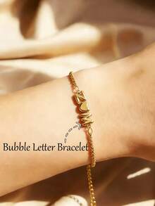 Customizable Name Bubble Letter Bracelet With Gift Box, Exquisite Personalized 3D Balloon Letter Heart Couple Bracelet, Stainless Steel Adjustable Square Bead Chain Simple Jewelry, Hip-Hop Style 3D Bubble 26 Uppercase Initial Cuban Link Bracelet - Gold-bubble Letters - View 9