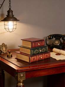 1pc Wooden Storage Box, 3-Tier Book-Shaped Desktop Drawer Storage Box, Retro Painted Wooden Jewelry Box, Photography Prop, Desktop Decor Art Supply - Multicolor - View 7