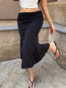 Elegant Low-Waist Spring/Summer Skirt, Fitted Bodycon Mermaid Midi Skirt, Suitable For Valentine's Day, Casual Daily Wear, Vacation - Black - View 2