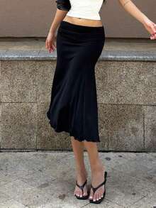 Elegant Low-Waist Spring/Summer Skirt, Fitted Bodycon Mermaid Midi Skirt, Suitable For Valentine's Day, Casual Daily Wear, Vacation - Black - View 1