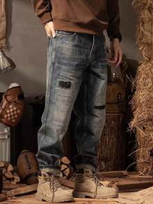 Pantalones Vaqueros Vintage con Corte Recto Relajado, Remiendos Estratégicos, Lavado Suave y Estética Streetwear que Combina Comodidad, Durabilidad y Estilo Cotidiano - Gris - Ver 4