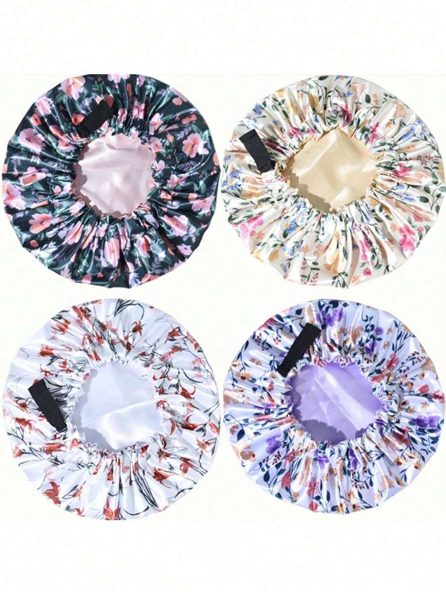 1/3pcs Adjustable Waterproof Shower Cap, Soft Satin Lining, Printed Loose Fit Bath Hat For Women - Multicolor - View 1