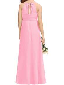 Girls A-Line Halter Maxi Dress - Flowy Chiffon Junior Bridesmaid Flower Girl Gown For Wedding Party & Pageant - 粉色 - 查看 2