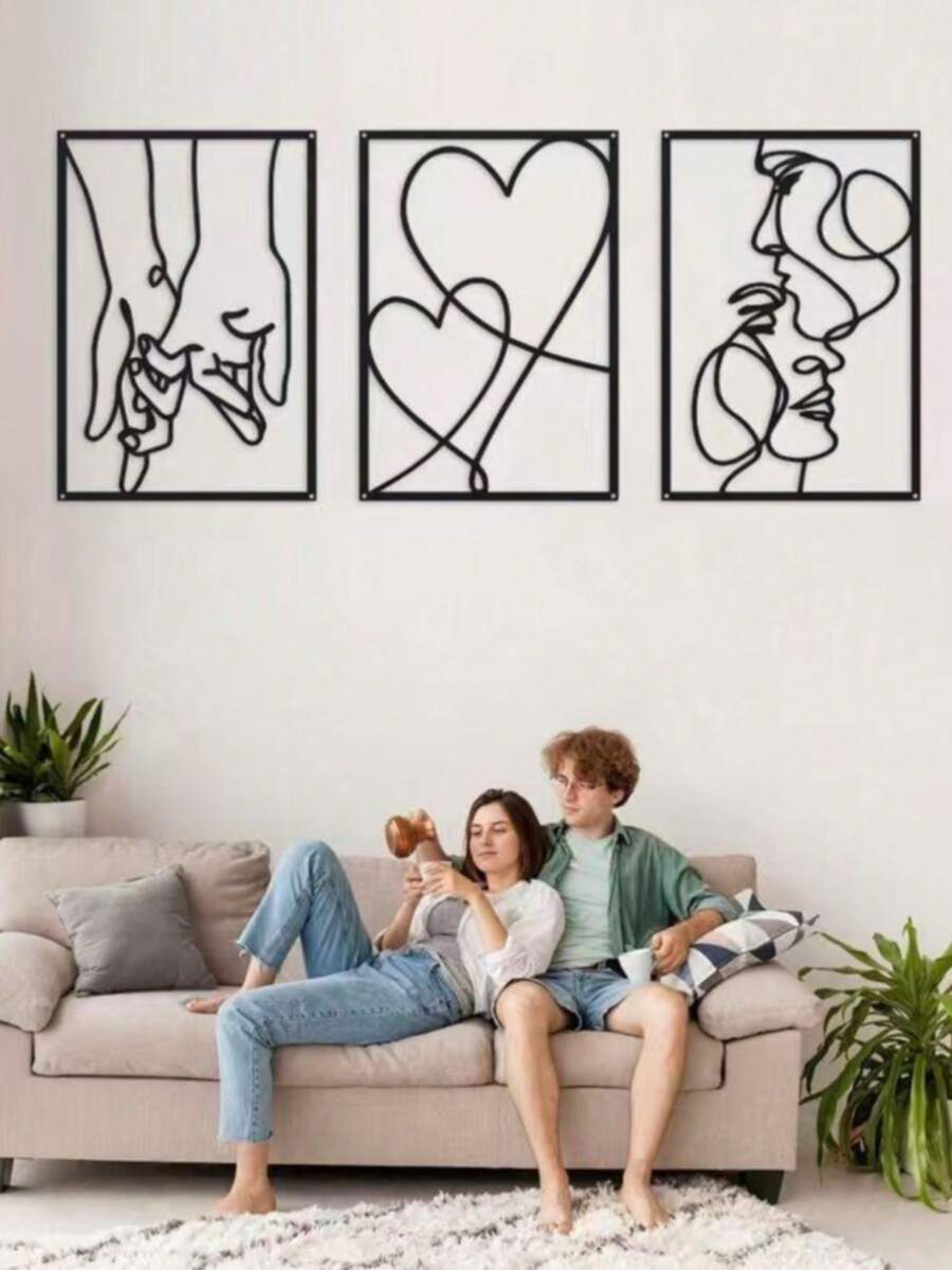 1 Set Metal Minimalist Line Wall Decor, Valentine's Day Kissing Hands Metal Wall Art, Modern Aesthetic Hanging Wall Decoration, Summer Birthday Gift, Wedding, Beach, Back To School, Study Supplies, Room Decor - Black - View 1