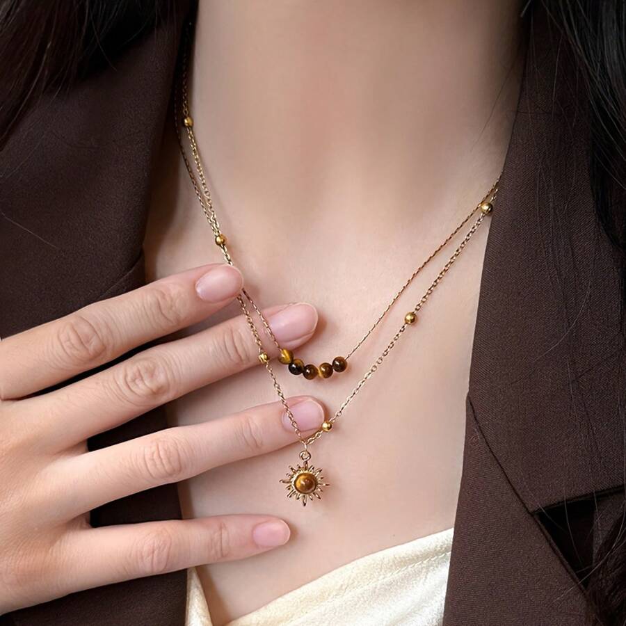 Vintage Double Layer Stacked Sunflower Necklace, Niche High-End Feel, Suitable For Daily Wear, Layered Sweater Chain, Autumn Winter Collarbone Chain Accessory - 太陽花項鍊 - 查看 1