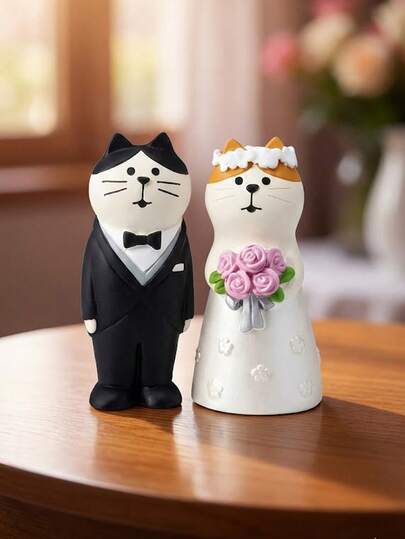 2pcs Charming Ceramic Cat Couple Figurine Set - Bride & Groom In Tuxedo & Dress, Cute Wedding Cake Topper & Romantic Home Decor Gift