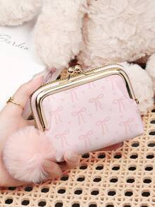 With A Pom-Pom Charm,Women Wallets Short Pu Leather Purses Zipper & Hasp Purse Multifunctional Large Capacity Money Bag For Women Coin Card Holders Lightweight,Fashion Modern,Business ZipperCredit Card Business Casual Teachers' Day,Teacher Gifts,For Anniversary,For Birthday Gift,For Lady,For Female,White-Collar Workers - Pink - View 10