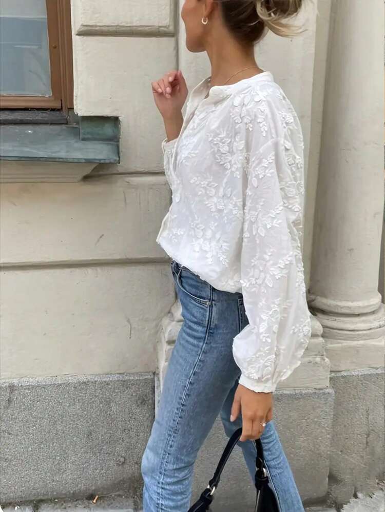 Camisa Casual Elegante de Uso Diário e Trabalho em Tecido Bordado de Cor Sólida, Primavera/Outono - Branco - Visão 3