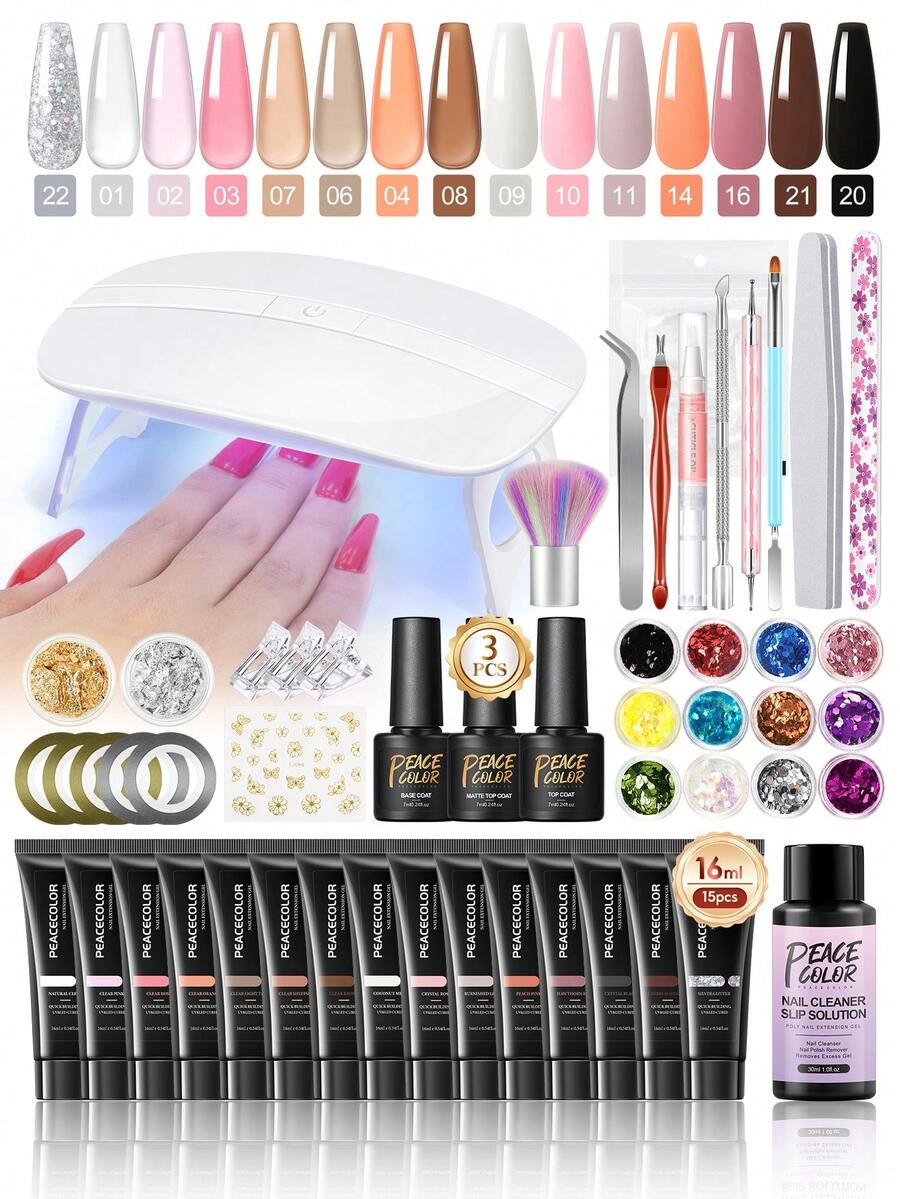 PEACECOLOR Poly Nail Extension Gel Set With Mini UV LED Lamp 15 Colors Glitter Nail Salon Art Kit With Base Top Coat Nail Complete Starter Kit Gift For Women - 01多色 - 查看 1