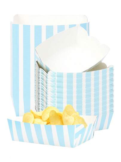 10 piezas/20 piezas/50 piezas Bandejas de papel para comida con rayas de color azul claro, blanco y azul, suministros para fiestas, barcos para comida, platos de papel desechables para perritos calientes, papas fritas, tacos, palomitas de maíz, para cumpleaños, baby shower, revelación de género, suministros para bodas y regalos