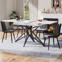 Extendable Dining Table 120 (160) X 80 Cm, Extendable Kitchen Table, Breakfast Table, Star-Shaped Table Legs, Black Iron Legs, Walnut/Marble Imitation Tabletop - White - View 3