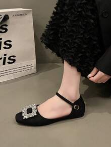 2026 New Spring Rhinestone Decor Square Toe Flat Mary Jane Shoes For Women, Office Wear - Black - View 3