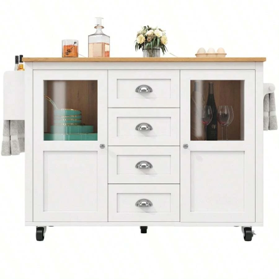 Kitchen Island, Kitchen Cabinet, Sideboard, 120x73(45)X93cm, Extendable Kitchen Trolley With Wheels, Towel Rail, Spice Rack, Adjustable Shelves, Two Doors, Four Drawers, White/Black - White - View 1